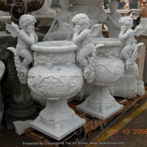 Querubim esculpido com vaso de mármore branco TAFV-015