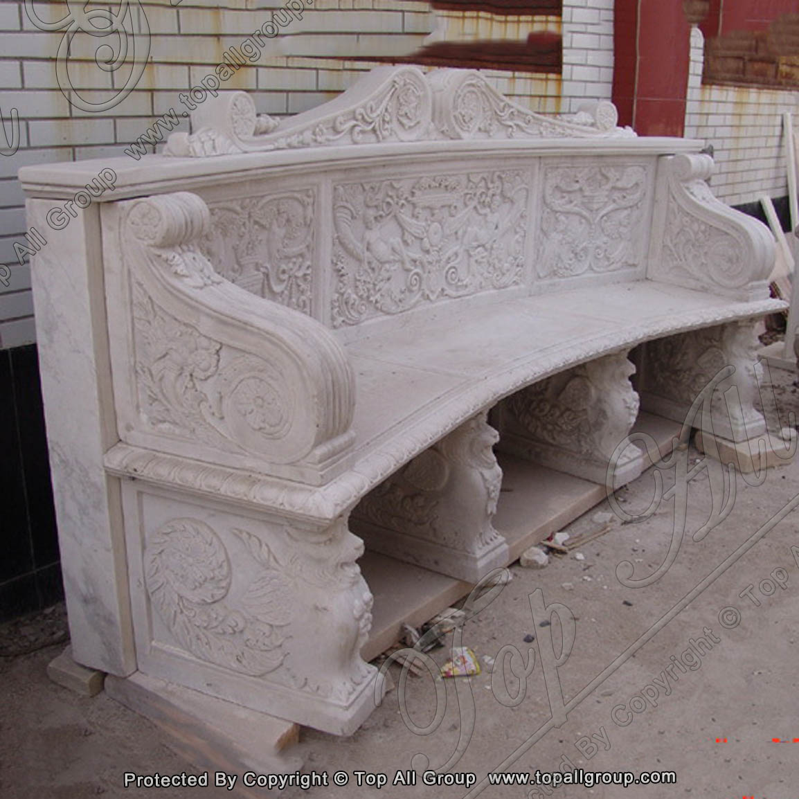 Carved White Outdoor Marble Stone Seating Bench With Full Edge