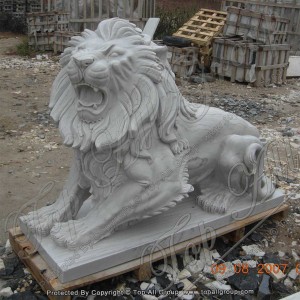 Dekori i kopshtit, madhësia e jetës, i gdhendur në gur antik prej mermeri, statujë luani i ulur TAAS-030