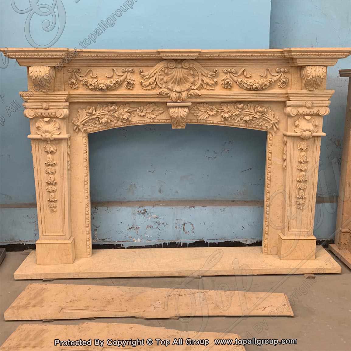 Hand Carved Yellow Marble flower style fireplace surround