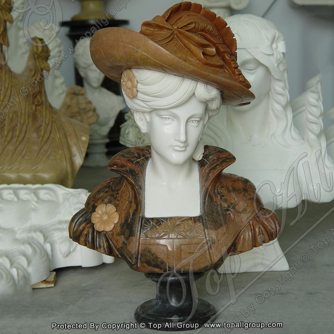 Hand carved brown marble lady bust statue