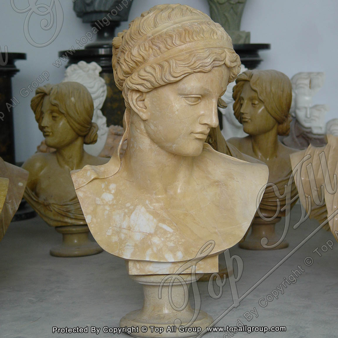 Hand carved yellow marble bust statue