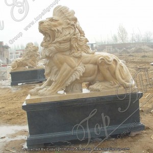 Large outdoor garden sculpture yellow marble stone lion statues TAAS-028
