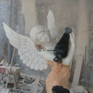 פסל שיש מלאך בגודל טבעי עם אגרטל פרחים TSAS-009