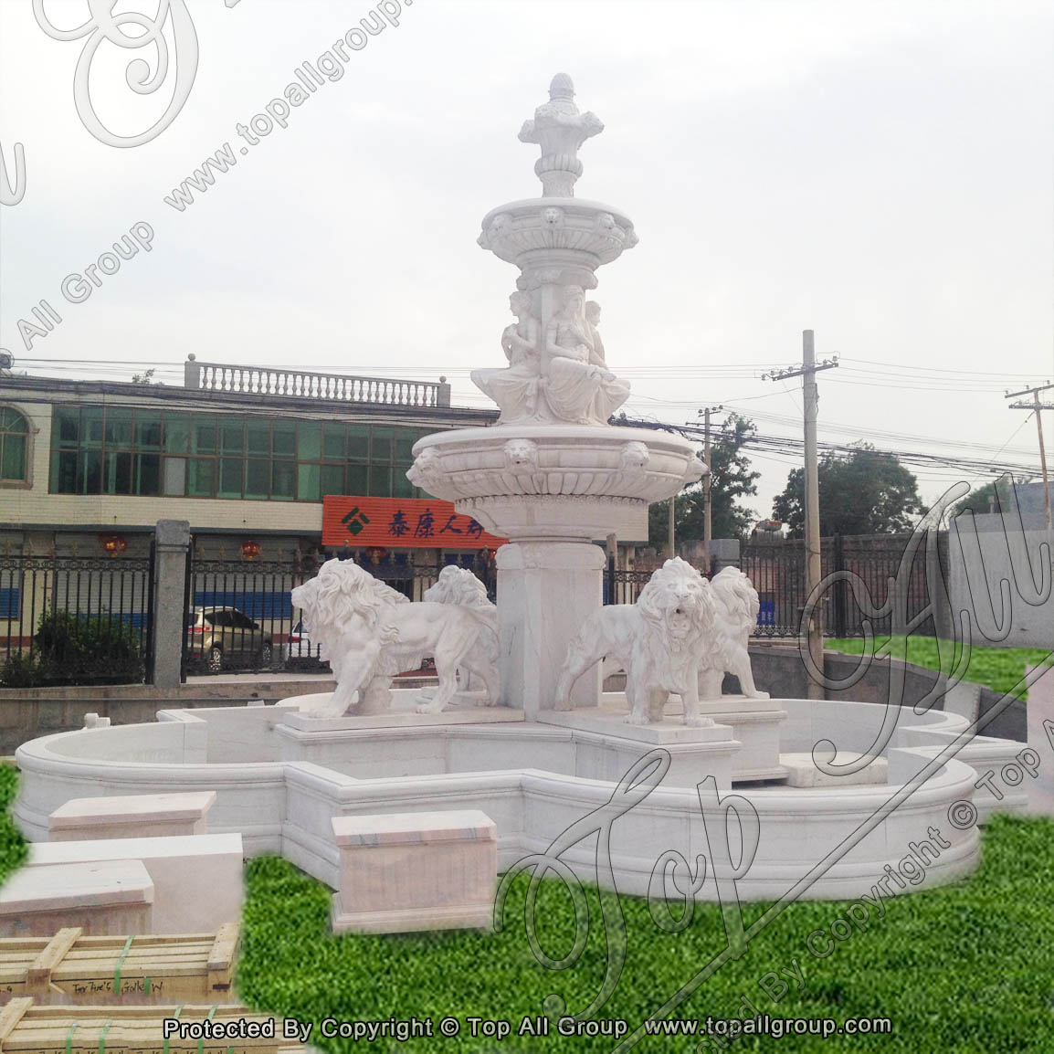 Lion sculpture marble water fountain