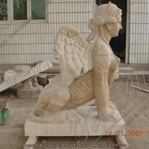 Mythological Hybrid Female Roman Headed Sphinx Yellow Marble Statue TAAS-019