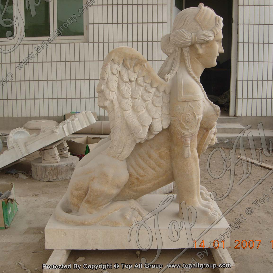Mythological Hybrid Female Roman Headed Sphinx Yellow Marble Statue