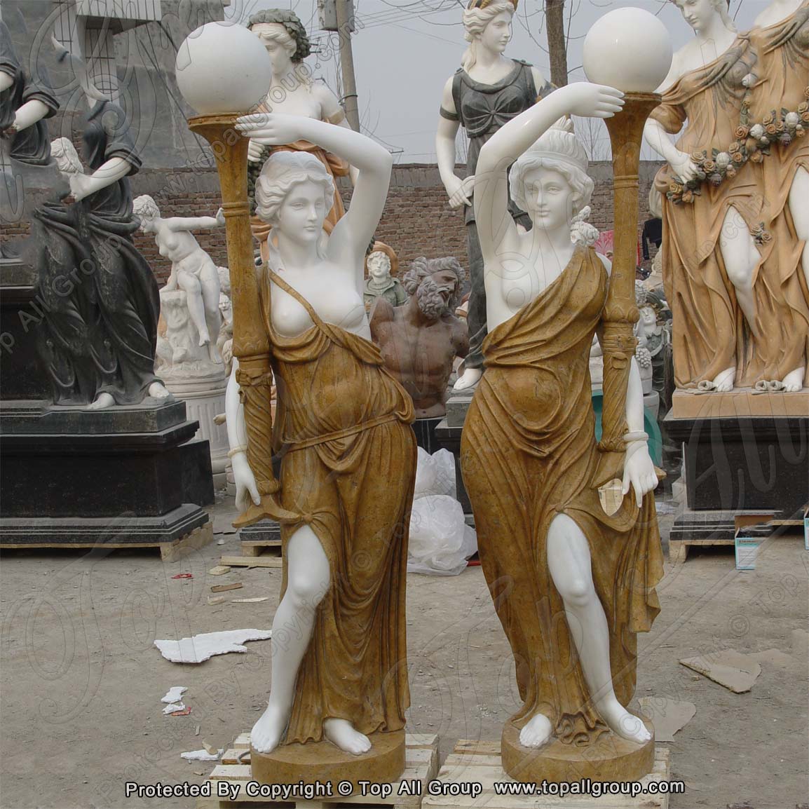 Natural Stone Mix Colored Marble Lady Holding Lamp Sculpture Statue