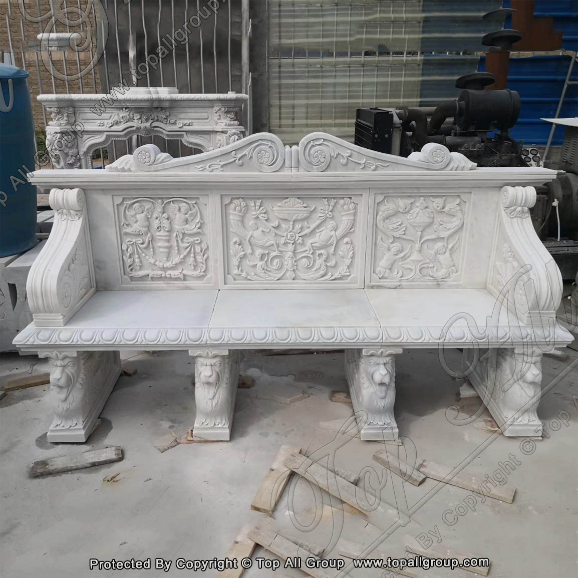 Stone Carving Products Marble Lion Statue Outdoor Garden Bench