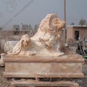 Estatua de león de mármol natural tallada a mano roja puesta de sol TAAS-029