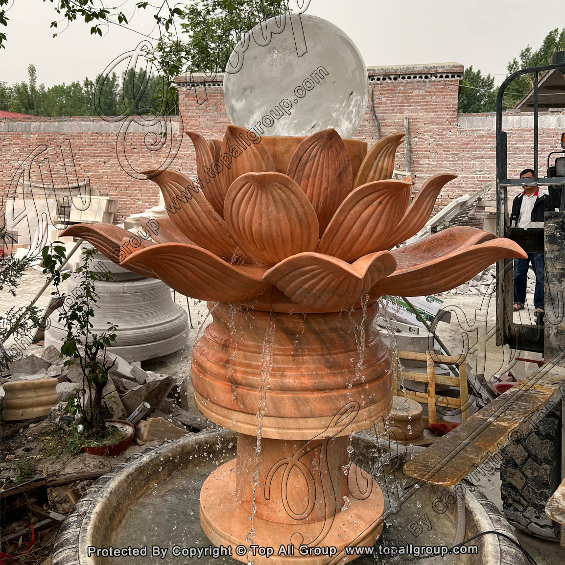TASBF-082 Lotus flower sphere fountain with red marble detail pictures